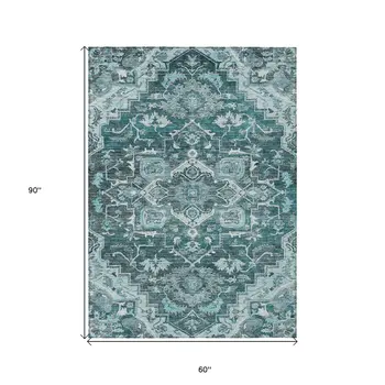 5' X 8' Teal Blue Gray And Charcoal Oriental Washable Indoor Outdoor Area Rug