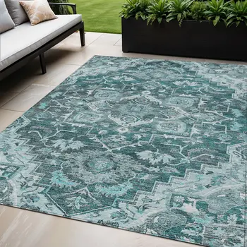 5' X 8' Teal Blue Gray And Charcoal Oriental Washable Indoor Outdoor Area Rug