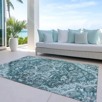 5' X 8' Teal Blue Gray And Charcoal Oriental Washable Indoor Outdoor Area Rug
