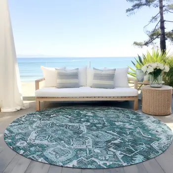 8' Teal Blue Gray And Charcoal Round Oriental Washable Indoor Outdoor Area Rug