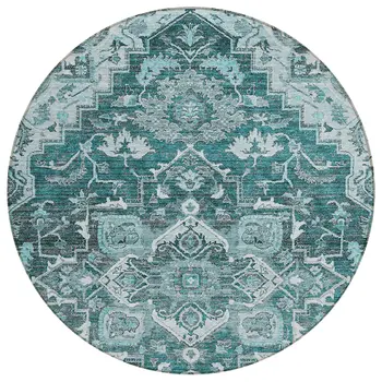 8' Teal Blue Gray And Charcoal Round Oriental Washable Indoor Outdoor Area Rug