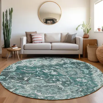 8' Teal Blue Gray And Charcoal Round Oriental Washable Indoor Outdoor Area Rug
