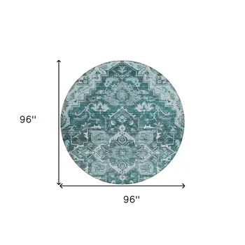 8' Teal Blue Gray And Charcoal Round Oriental Washable Indoor Outdoor Area Rug