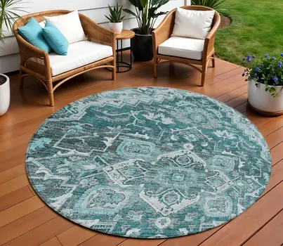 8' Teal Blue Gray And Charcoal Round Oriental Washable Indoor Outdoor Area Rug