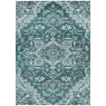 8' X 10' Teal Blue Gray And Charcoal Oriental Washable Indoor Outdoor Area Rug
