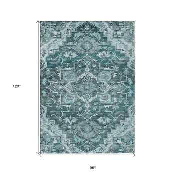 8' X 10' Teal Blue Gray And Charcoal Oriental Washable Indoor Outdoor Area Rug
