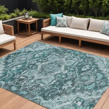 9' X 12' Teal Blue Gray And Charcoal Oriental Washable Indoor Outdoor Area Rug