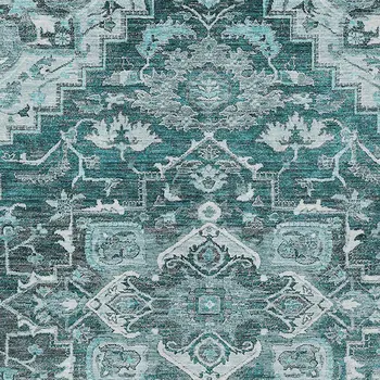 9' X 12' Teal Blue Gray And Charcoal Oriental Washable Indoor Outdoor Area Rug
