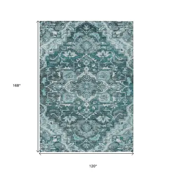10' X 14' Teal Blue Gray And Charcoal Oriental Washable Indoor Outdoor Area Rug