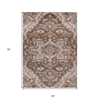 5' X 8' Terra Cotta Brown And Copper Oriental Washable Indoor Outdoor Area Rug