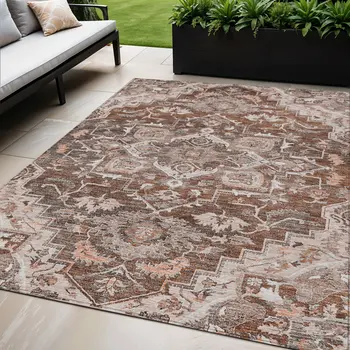 5' X 8' Terra Cotta Brown And Copper Oriental Washable Indoor Outdoor Area Rug