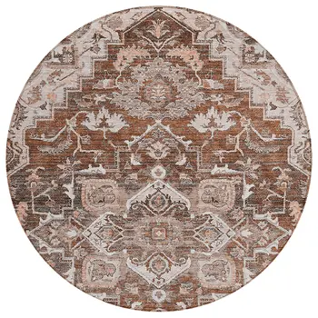 8' Terra Cotta Brown And Copper Round Oriental Washable Indoor Outdoor Area Rug