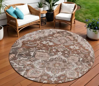 8' Terra Cotta Brown And Copper Round Oriental Washable Indoor Outdoor Area Rug