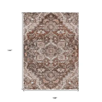 9' X 12' Terra Cotta Brown And Copper Oriental Washable Indoor Outdoor Area Rug