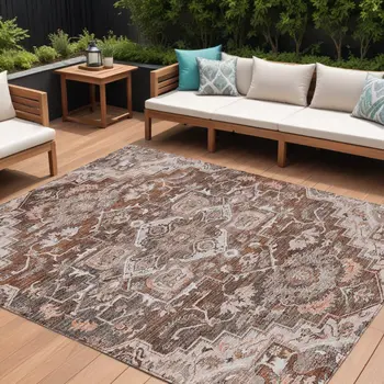 10' X 14' Terra Cotta Brown And Copper Oriental Washable Indoor Outdoor Area Rug