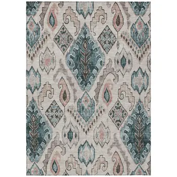 3' X 5' Beige Teal Blue And Copper Moroccan Washable Indoor Outdoor Area Rug