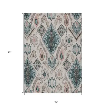 5' X 8' Beige Teal Blue And Copper Moroccan Washable Indoor Outdoor Area Rug