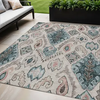 5' X 8' Beige Teal Blue And Copper Moroccan Washable Indoor Outdoor Area Rug