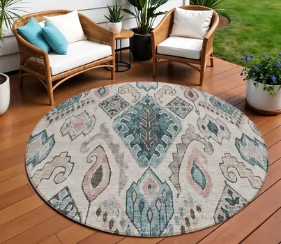 8' Beige Teal Blue And Copper Round Moroccan Washable Indoor Outdoor Area Rug