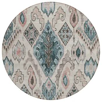 8' Beige Teal Blue And Copper Round Moroccan Washable Indoor Outdoor Area Rug