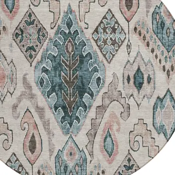 8' Beige Teal Blue And Copper Round Moroccan Washable Indoor Outdoor Area Rug