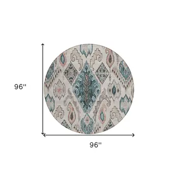8' Beige Teal Blue And Copper Round Moroccan Washable Indoor Outdoor Area Rug