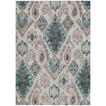 8' X 10' Beige Teal Blue And Copper Moroccan Washable Indoor Outdoor Area Rug