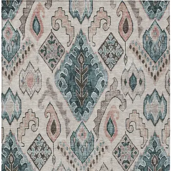 10' X 14' Beige Teal Blue And Copper Moroccan Washable Indoor Outdoor Area Rug