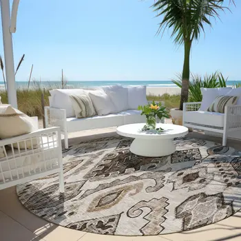 8' Brown And Beige Round Moroccan Washable Indoor Outdoor Area Rug