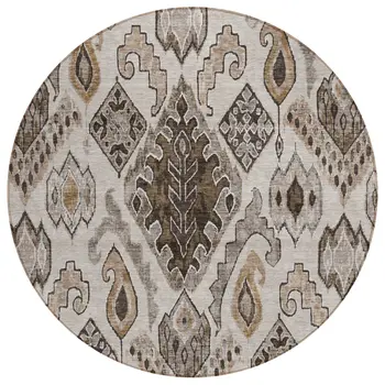 8' Brown And Beige Round Moroccan Washable Indoor Outdoor Area Rug