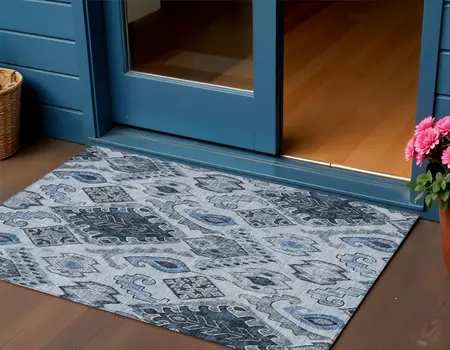 3' X 5' Denim Blue And Sky Blue Moroccan Washable Indoor Outdoor Area Rug