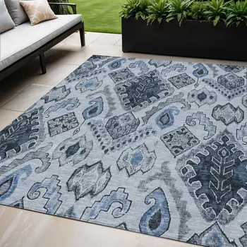 5' X 8' Denim Blue And Sky Blue Moroccan Washable Indoor Outdoor Area Rug