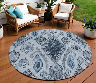 8' Denim Blue And Sky Blue Round Moroccan Washable Indoor Outdoor Area Rug