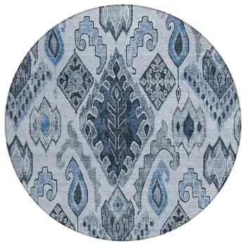 8' Denim Blue And Sky Blue Round Moroccan Washable Indoor Outdoor Area Rug