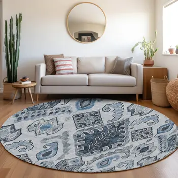 8' Denim Blue And Sky Blue Round Moroccan Washable Indoor Outdoor Area Rug