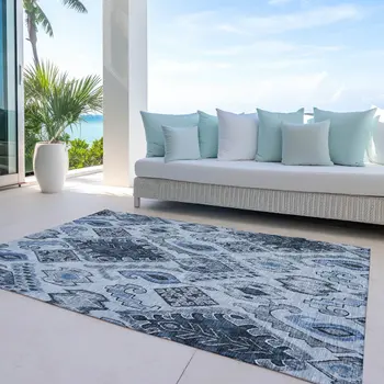8' X 10' Denim Blue And Sky Blue Moroccan Washable Indoor Outdoor Area Rug