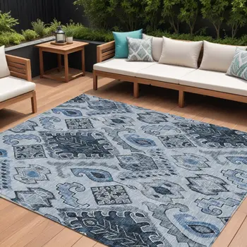10' X 14' Denim Blue And Sky Blue Moroccan Washable Indoor Outdoor Area Rug