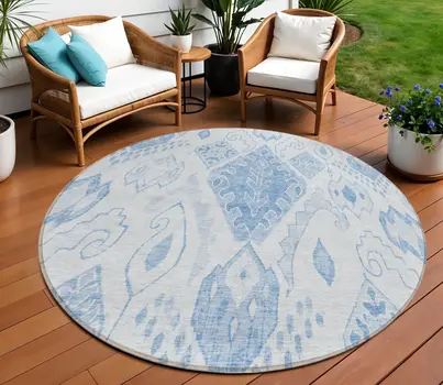 8' Denim Blue And Sky Blue Round Moroccan Washable Indoor Outdoor Area Rug