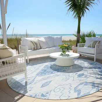 8' Denim Blue And Sky Blue Round Moroccan Washable Indoor Outdoor Area Rug