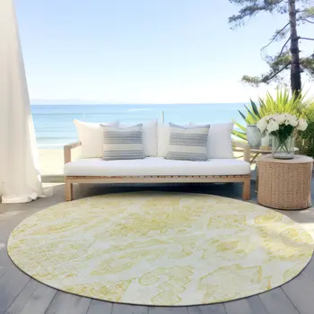 8' Gold Ivory And Beige Round Moroccan Washable Indoor Outdoor Area Rug