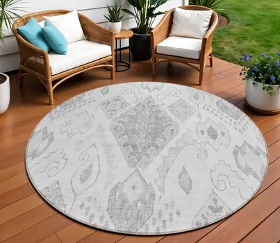 8' Silver Gray And Charcoal Round Moroccan Washable Indoor Outdoor Area Rug