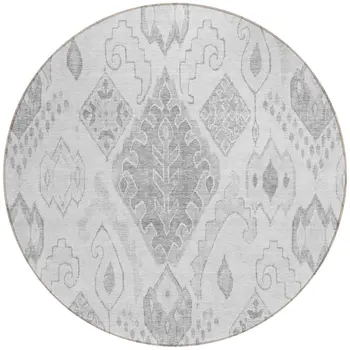 8' Silver Gray And Charcoal Round Moroccan Washable Indoor Outdoor Area Rug