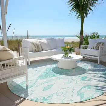 8' Teal Blue Aqua And Ivory Round Moroccan Washable Indoor Outdoor Area Rug
