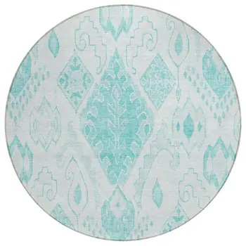 8' Teal Blue Aqua And Ivory Round Moroccan Washable Indoor Outdoor Area Rug
