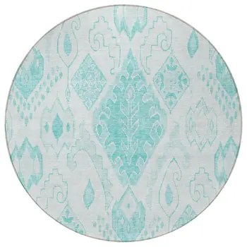 8' Teal Blue Aqua And Ivory Round Moroccan Washable Indoor Outdoor Area Rug