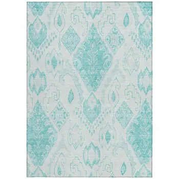 8' X 10' Teal Blue Aqua And Ivory Moroccan Washable Indoor Outdoor Area Rug