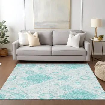 10' X 14' Teal Blue Aqua And Ivory Moroccan Washable Indoor Outdoor Area Rug