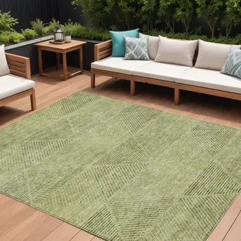 9' X 12' Artichoke Green And Fern Green Geometric Washable Indoor Outdoor Area Rug