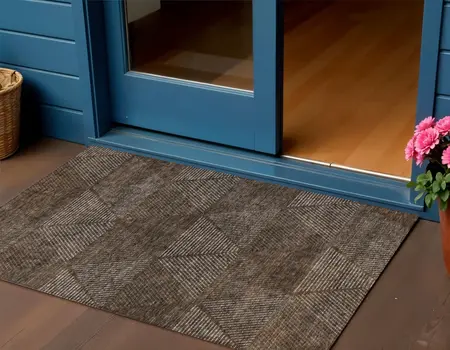 3' X 5' Brown And Taupe Geometric Washable Indoor Outdoor Area Rug