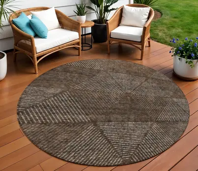 8' Brown And Taupe Round Geometric Washable Indoor Outdoor Area Rug